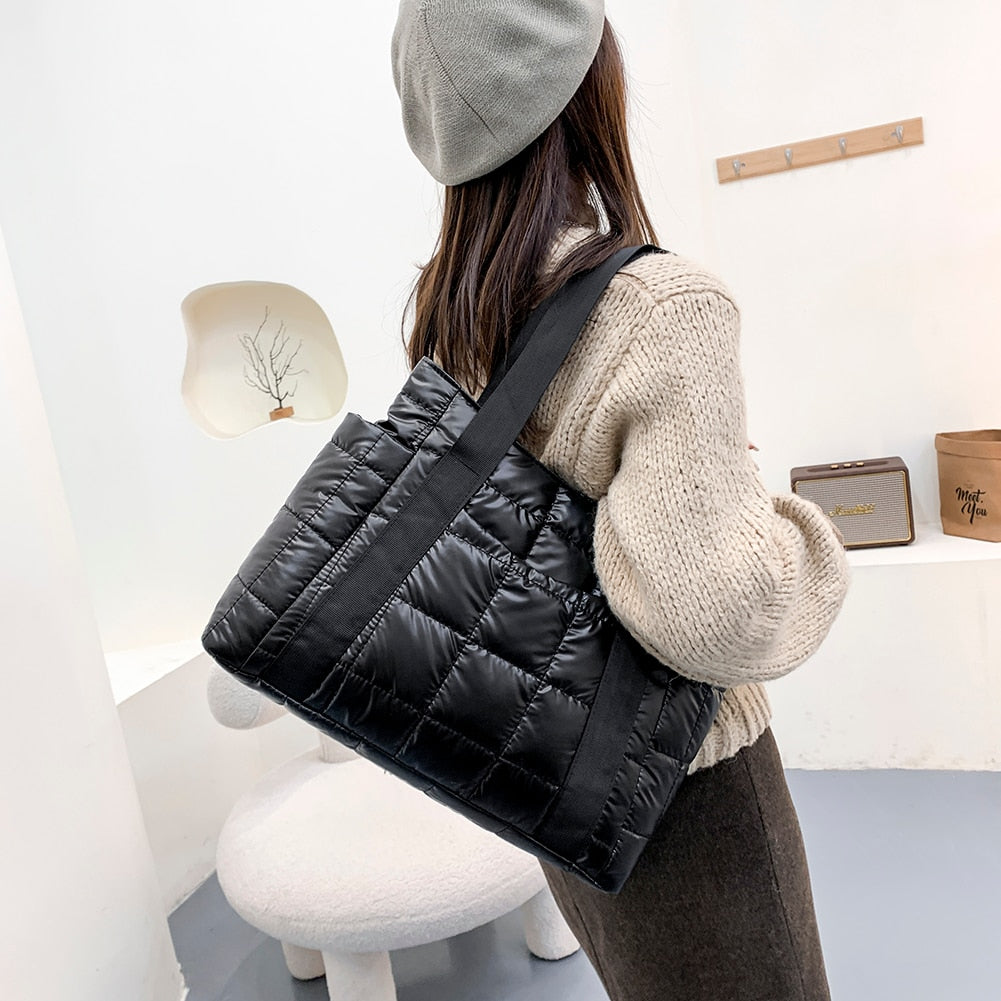 Autumn Winter Nylon Women Large Capacity Handbags Casual Quilted Lattice Shoulder Bags Female Solid Color Shopping Bags Tote - Executive-Skincare