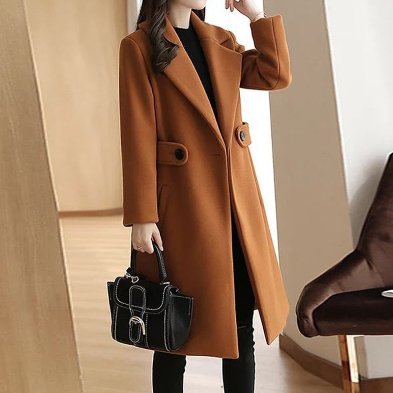 Autumn Winter New Women Warm Wool Coats with Belt Fashion Turn Down Collar Long Overcoat 2022 Female Solid Chic Outwear jackets - Executive-Skincare