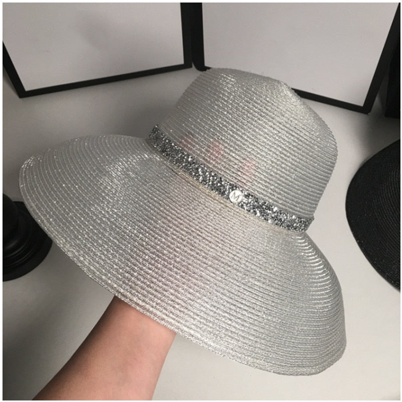 Panama sun hat silver silk ultra-thin breathable summer ladies bucket hat sun hat straw hat shallow fedora hat men and women - Executive Quality Store