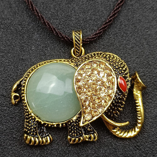 Natural Stone Agates Aventurine Mosaic 3D Elephant Leather Chain Bohemian Necklaces for Charm Women Men Jewelry Pendant Necklace - Executive-Skincare