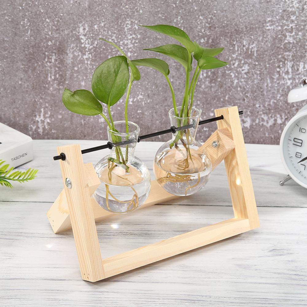 Glass and Wood Vase Planter Terrarium Table Desktop Hydroponics Plant Bonsai Flower Pot Hanging Pots with Wooden Tray Home Decor - Executive-Skincare