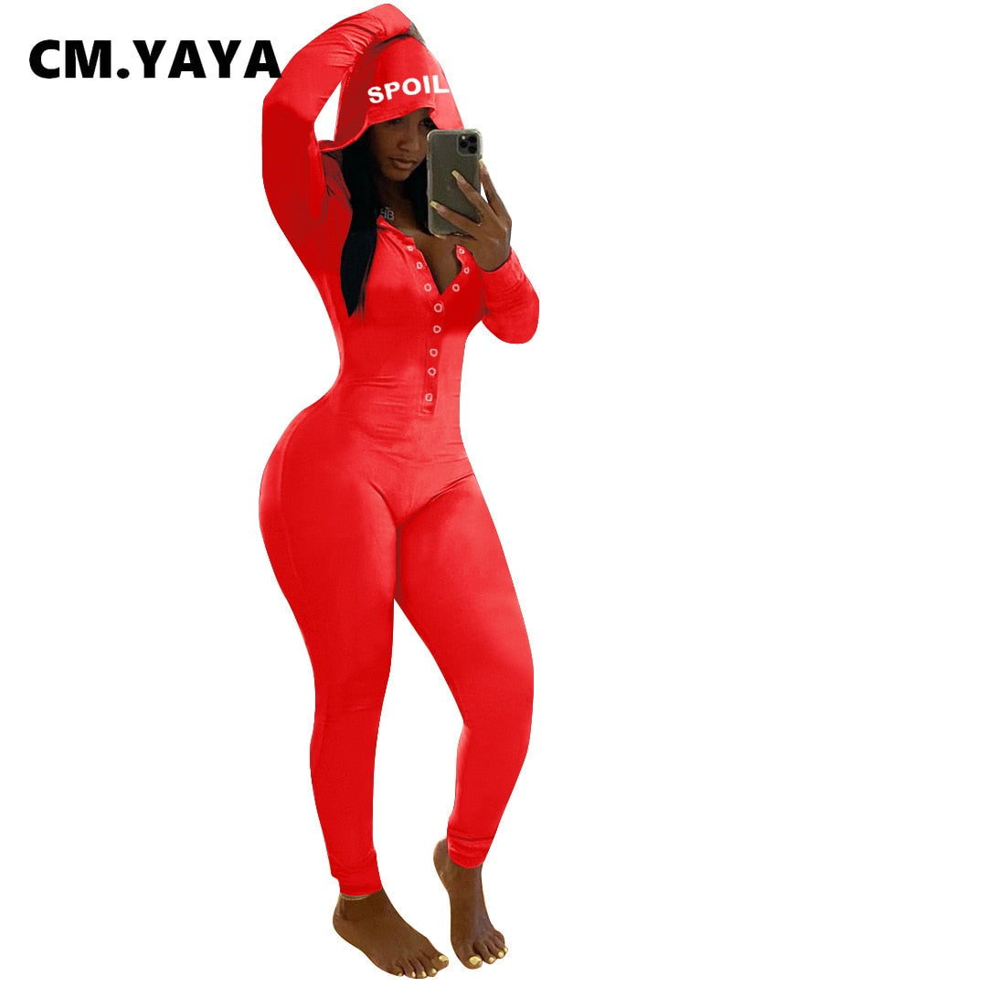 CM.YAYA Hooded Letter Print Button Solid Jumpsuits for Women Winter Leisure Wear Full Sleeve Sheath Skinny Elastic Jumpsuit Warm - Executive Quality Store