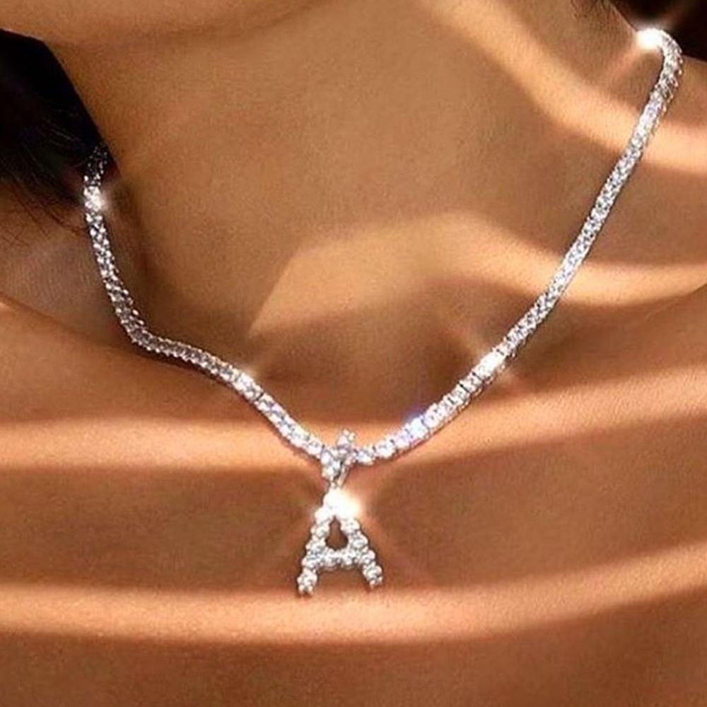 Caraquet Ice out A-Z Letter Initial Pendant Necklace Silver Color Tennis Chain Choker Necklace Female Fashion Statement Jewelry - Executive-Skincare