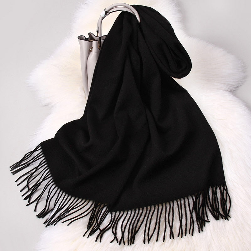 Winter 100% Pure Wool Scarf Neck Warmer Women Echarpe Wrap with Tassel Pashmina Foulard Femme Merino Cashmere Scarves for Ladies - Executive-Skincare