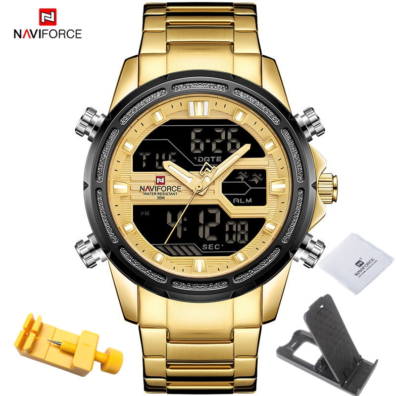 NAVIFORCE Watches for Men Luxury Brand Digital Chronograph Sport Quartz Wristwatch Waterproof Military Steel Band Luminous Clock - Executive-Skincare