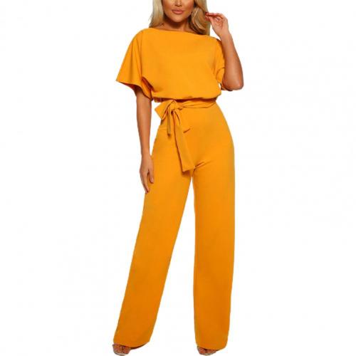 Jumpsuit Lace Up High Waist Elegant Women Solid Color Straight Leg Romper Fashion Short-sleeved Round Neck Jumpsuit for Dating - Executive Quality Store