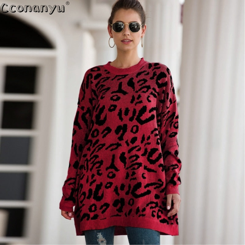 2019 Autumn winter clothing ladies long sweater fashion womens loose pullovers and sweaters leopard print knitted sweater - Executive-Skincare