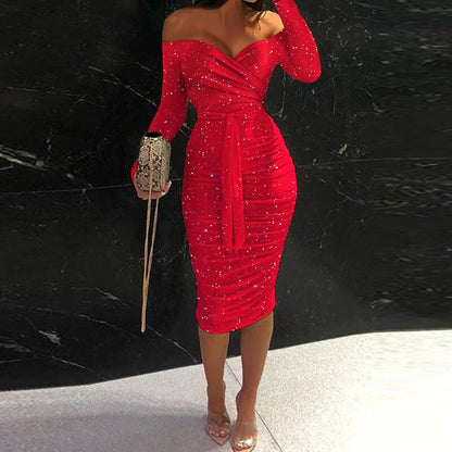 Sexy Dresses For Women Elegant Long Sleeve Bodycon Dress Women Autumn Off Shoulder Lace Up Red Party Dress Casual Clubwear - Executive-Skincare