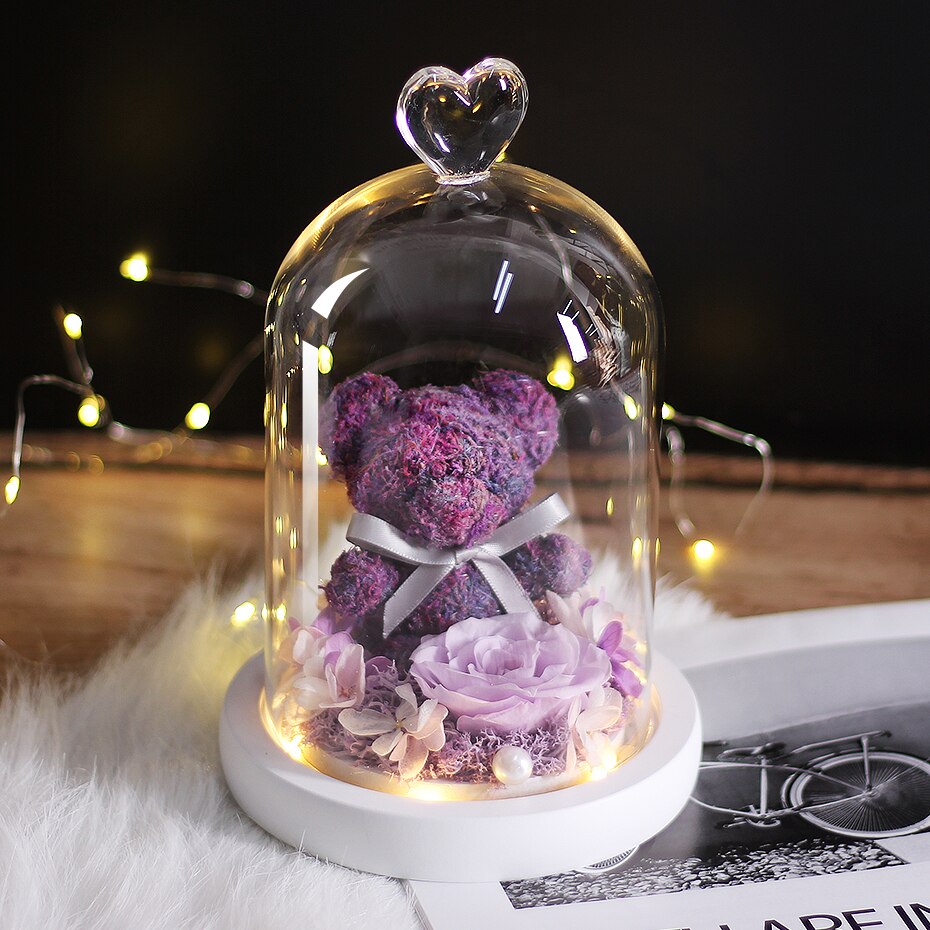 The Beautiful and the Beast Teddy Bear Rose Decor Natural Dried Flowers In Glass Dome LED Mother&#39;s Valentine&#39;s Day Wedding Gift - Executive-Skincare