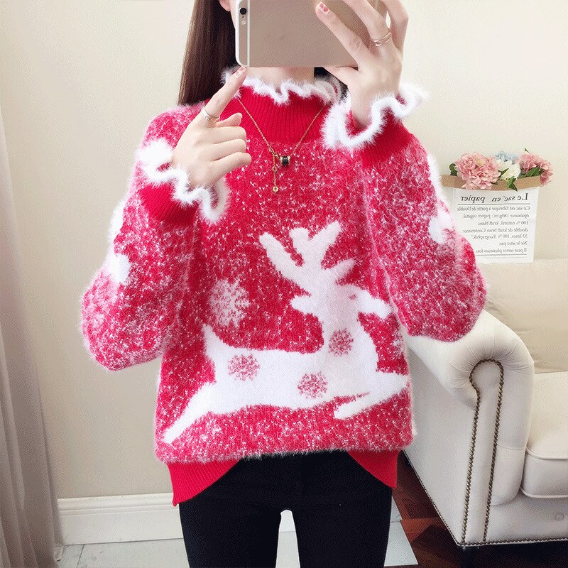 Christmas Sweater Women Reindeer Turtleneck Winter Clothes Mink Cashmere Sweaters Pull Femme Korean Pullover Kawaii Jumper 2022 - Executive-Skincare