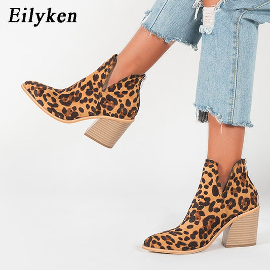 EilyKen Women Early Winter Ankle Boots Leopard Female Zipper Casual Black Cowboy Square Heel Booties Shoes Zapatos De Mujer - Executive-Skincare