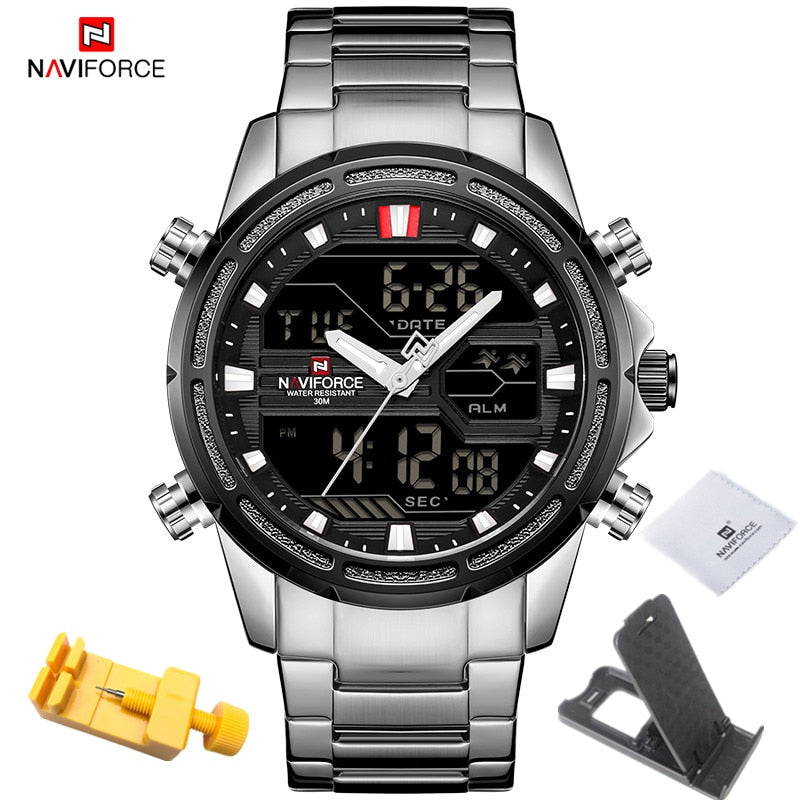 NAVIFORCE Watches for Men Luxury Brand Digital Chronograph Sport Quartz Wristwatch Waterproof Military Steel Band Luminous Clock - Executive-Skincare