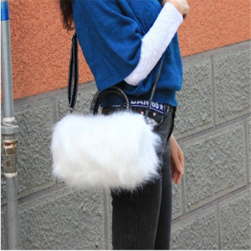 New Lady Girl Pretty Cute Faux Rabbit Fur Handbag Shoulder Messenger Bag Tote Fashion Women Long Fur Grass Handbag Messenger Bag - Executive-Skincare