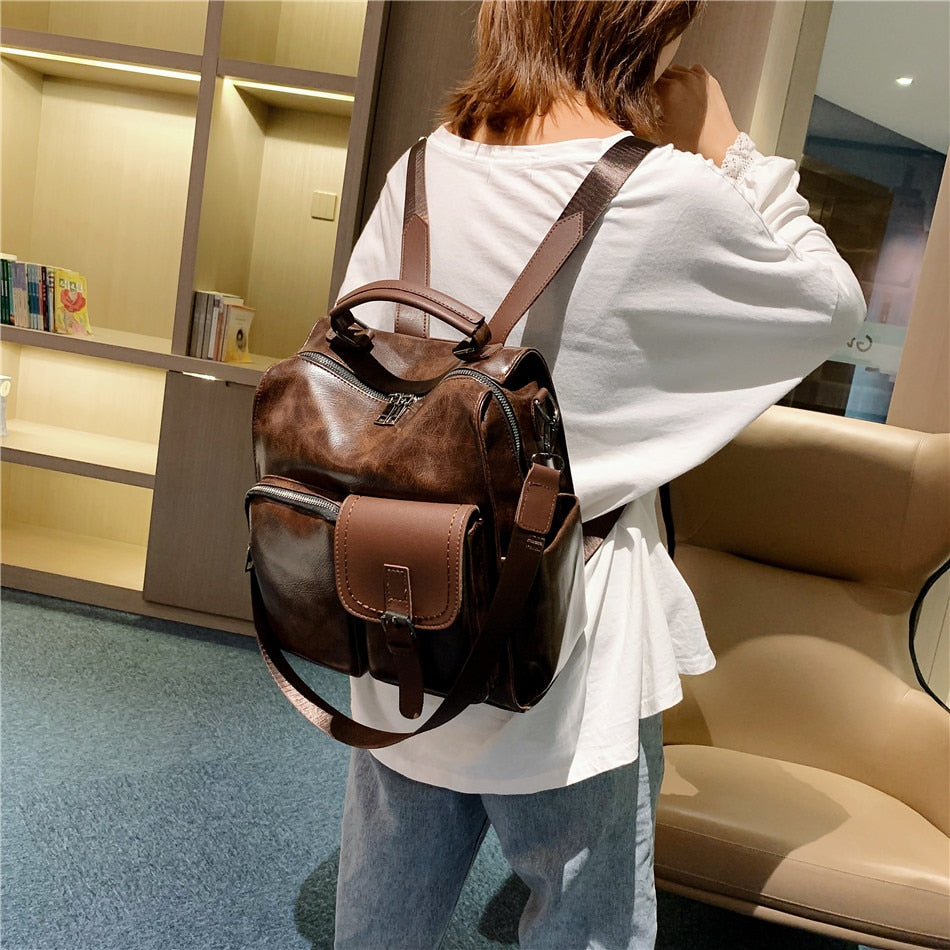 2020 Women PU Leather School Bags Vintage Backpack Women Big Schoolbag Mochila Feminina Brown Black Backpacks Sac A Dos Bagpack - Executive-Skincare