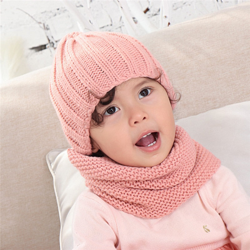 Multicolor hat and scarf for children solid acrylic kids hat with a scarf knit girls boy hats scarves set winter accessories - Executive-Skincare