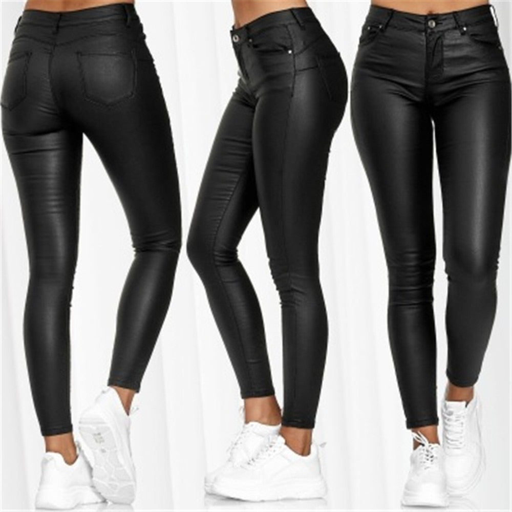 Pure Color Leather Casual Pants Small Feet Pants Spring Women Pu Leather Pants Black Sexy Stretch Bodycon Leather Pants High Red - Executive-Skincare