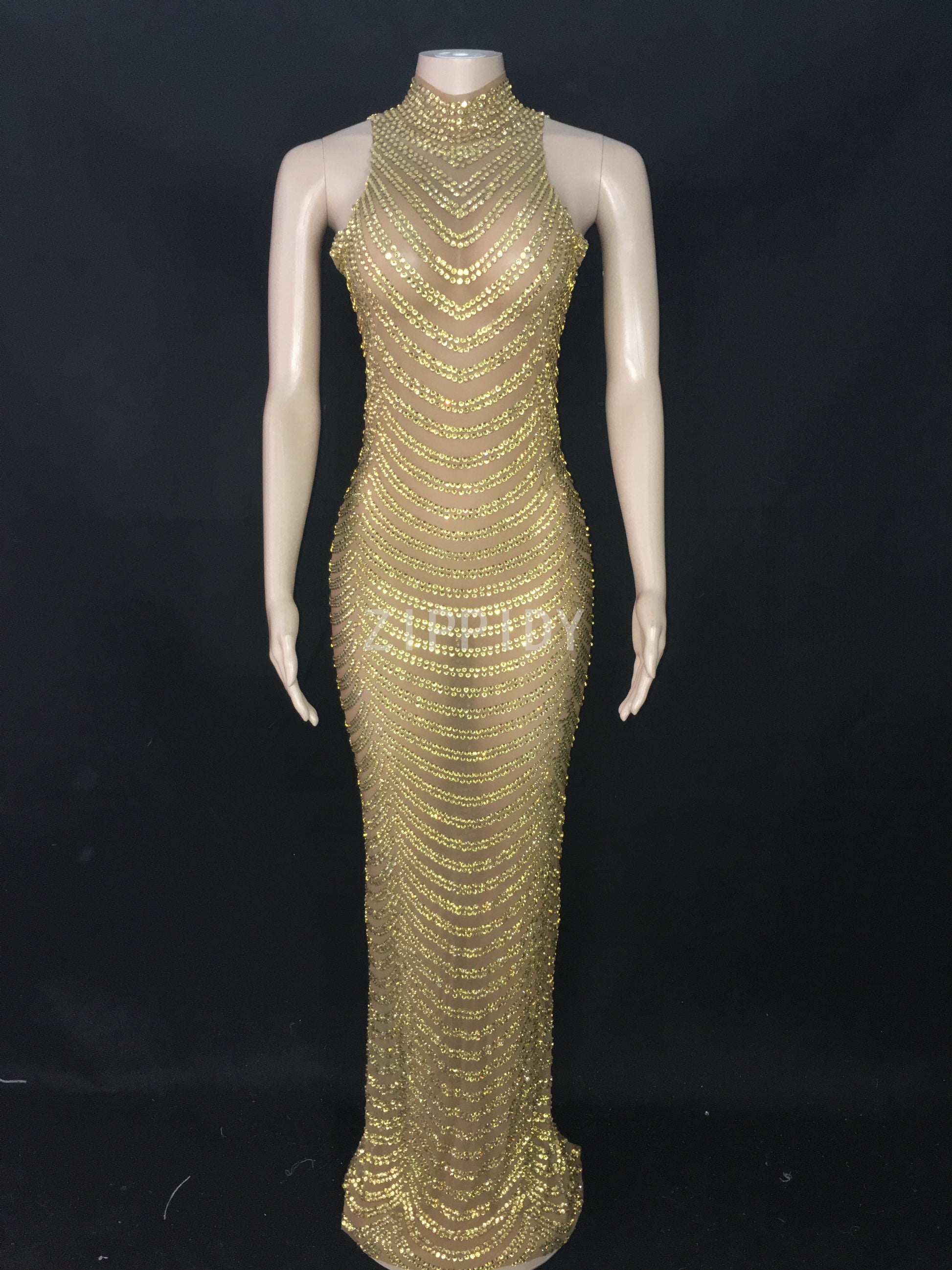 Full Gold Rhinestones Transparent Mesh Long Dress Women Birthday Celebrate Dress High Neck Outfit Bar Dance Show Dress - Executive-Skincare