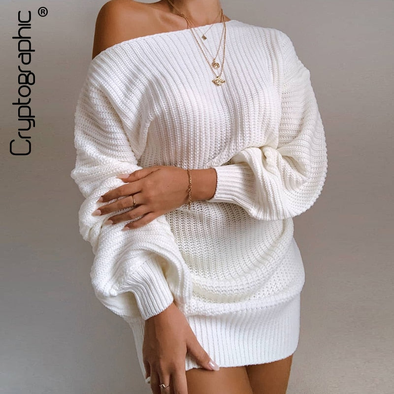 Cryptographic Casual Knitted Mini Dress Women Autumn Winter Sweaters Balloon Long Sleeve Knitwear Women's Dresses Loose Jersey - Executive-Skincare