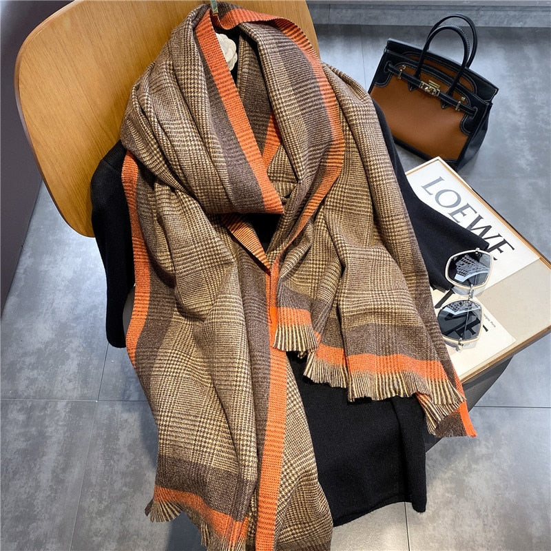 Luxury Brand Winter Plaid Women&#39;s Cashmere Scarf Warm Shawls and Wraps Thicked Wool Pashmina Female Blanket Scarves - Executive-Skincare