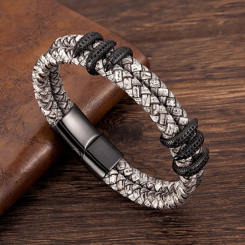 Fashion Men Bracelet Stainless Steel Handmade Rope  Bangles Gray Vintage Leather Gold Dragon Claw Punk Jewelry Gift Accessories - Executive-Skincare