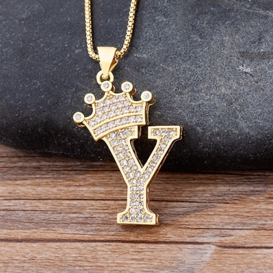 Nidin New Luxury Copper Zircon A-Z Crown Alphabet Pendant Chain Necklace Hip-Hop Style Fashion Woman Man Initial Name Jewelry - Executive-Skincare