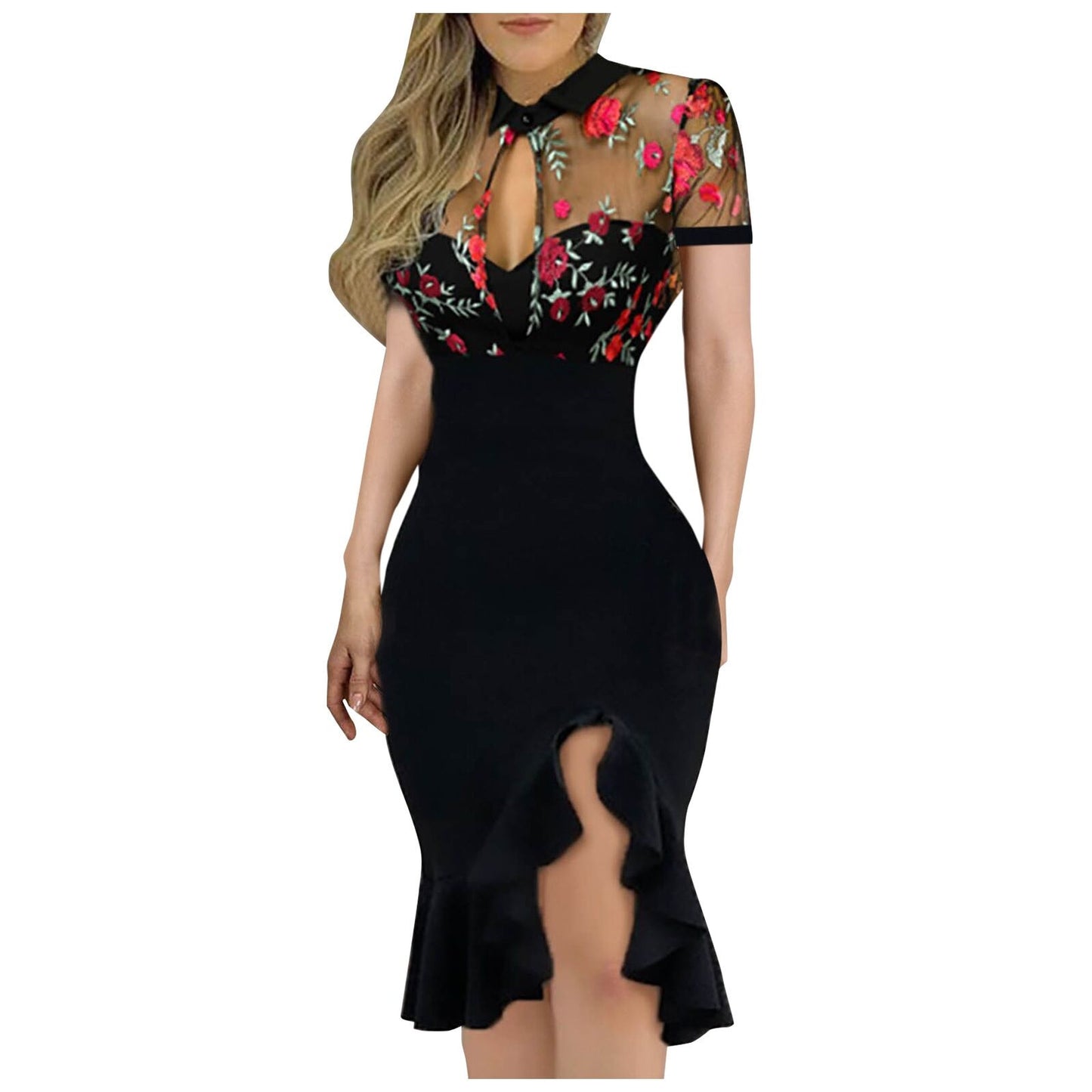 Women Summer Dress For Women Clothing 2021 Slit Ruffles Hem Floral Pattern Slimming Lace Long Sleeve Dress With Side Slits - Executive-Skincare