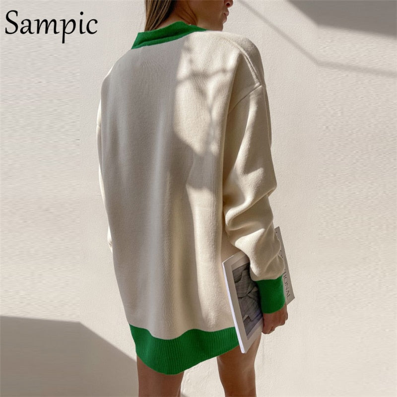 Sampic Loose Patchwork Knitwear Winter 2021 Women Cardigans Tops Oversized Long Sleeve Y2K V Neck Sweater Casual Fashion Tops - Executive-Skincare