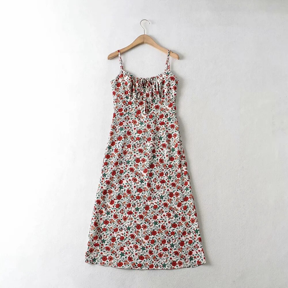 Foridol Strap Sleeveless Print Boho Summer Dress Long Women Green Floral Yellow Dresses Sundress Vintage French Style Dress - Executive-Skincare