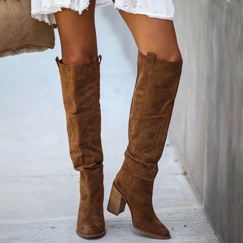 Women Suede Knee High Boots Ladies Solid Pointed Toe Tall Boots Retro Roman High Heels Shoes 2022 Female Autumn Winter Long Boot - Executive-Skincare