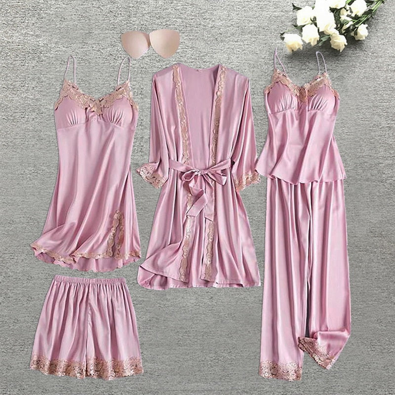 5pcs Silk Robe Set Women Lace Pajamas Gown Set V-Neck Nighties Wear Home Nightwear Pijama Sleepsuit Spring Nightdress