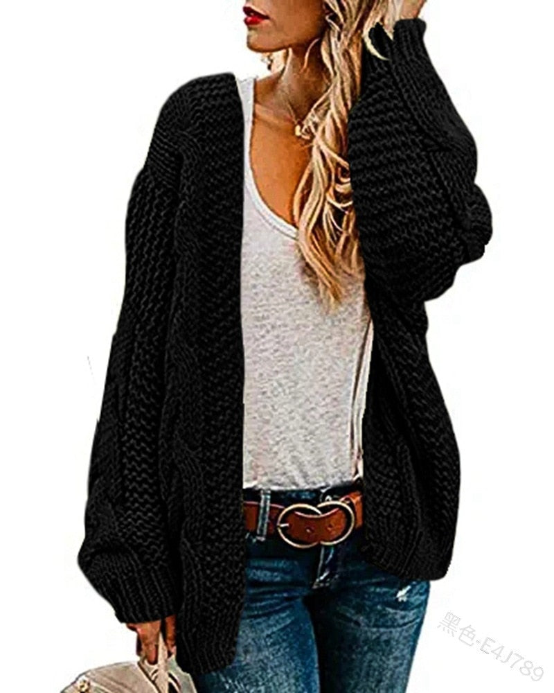 2021 spring and autumn new thick needle twist knit cardigan women&#39;s mid-length solid color casual loose coat cardigan - Executive-Skincare