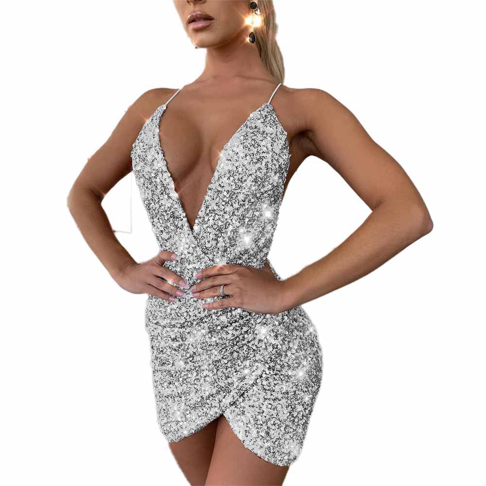 Women&#39;s Spaghetti Strap Deep V Neck Sequins Glitter Short Dress Sparkly Bodycon Evening Party Club Wear Dress - Executive-Skincare