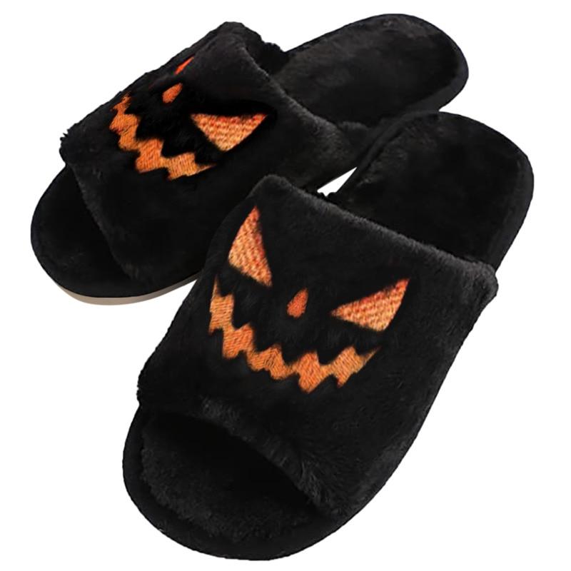 Halloween Pumpkin Fuzzy Slippers Soft Plush Cozy Open Toe Women Slides - Executive-Skincare