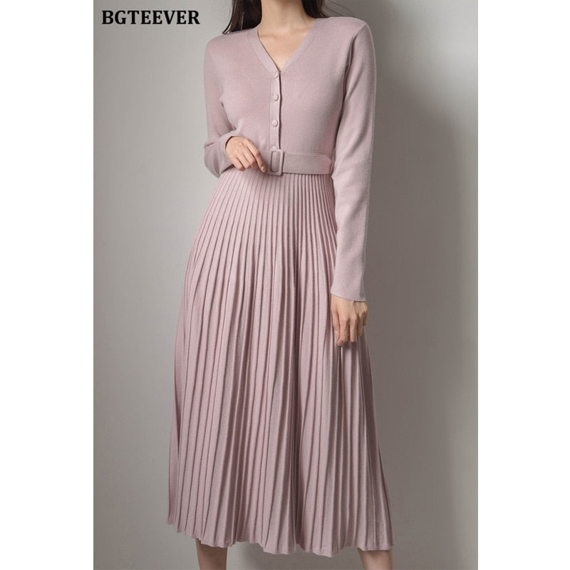 BGTEEVER Elegant V-neck Single-breasted Women Thicken Sweater Dress 2021 Autumn Winter Knitted Belted Female A-line soft dresses - Executive-Skincare