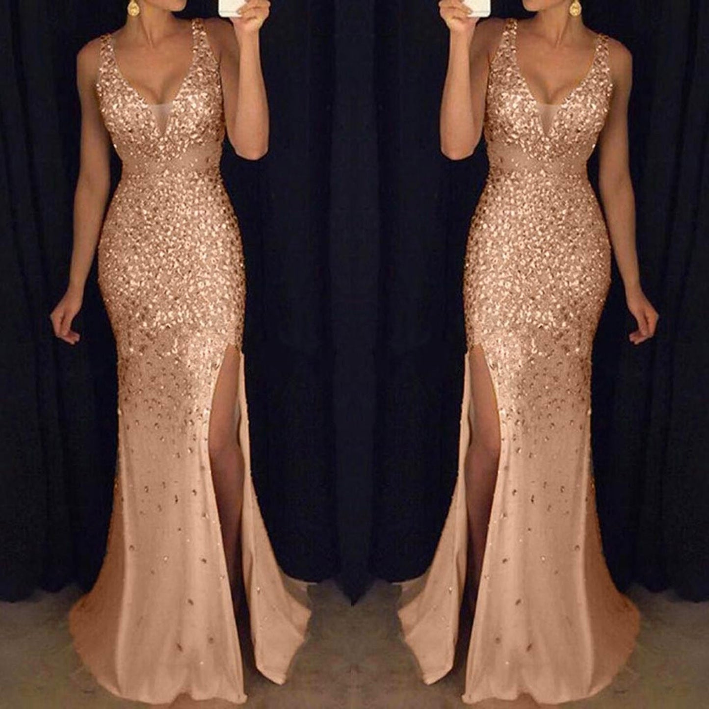 Gold Sequined Sling Mermaid Dress Women Elegent Evening Prom Party Ball Gown Vestidos Sexy V Neck Slits Bridesmaid Dress - Executive-Skincare