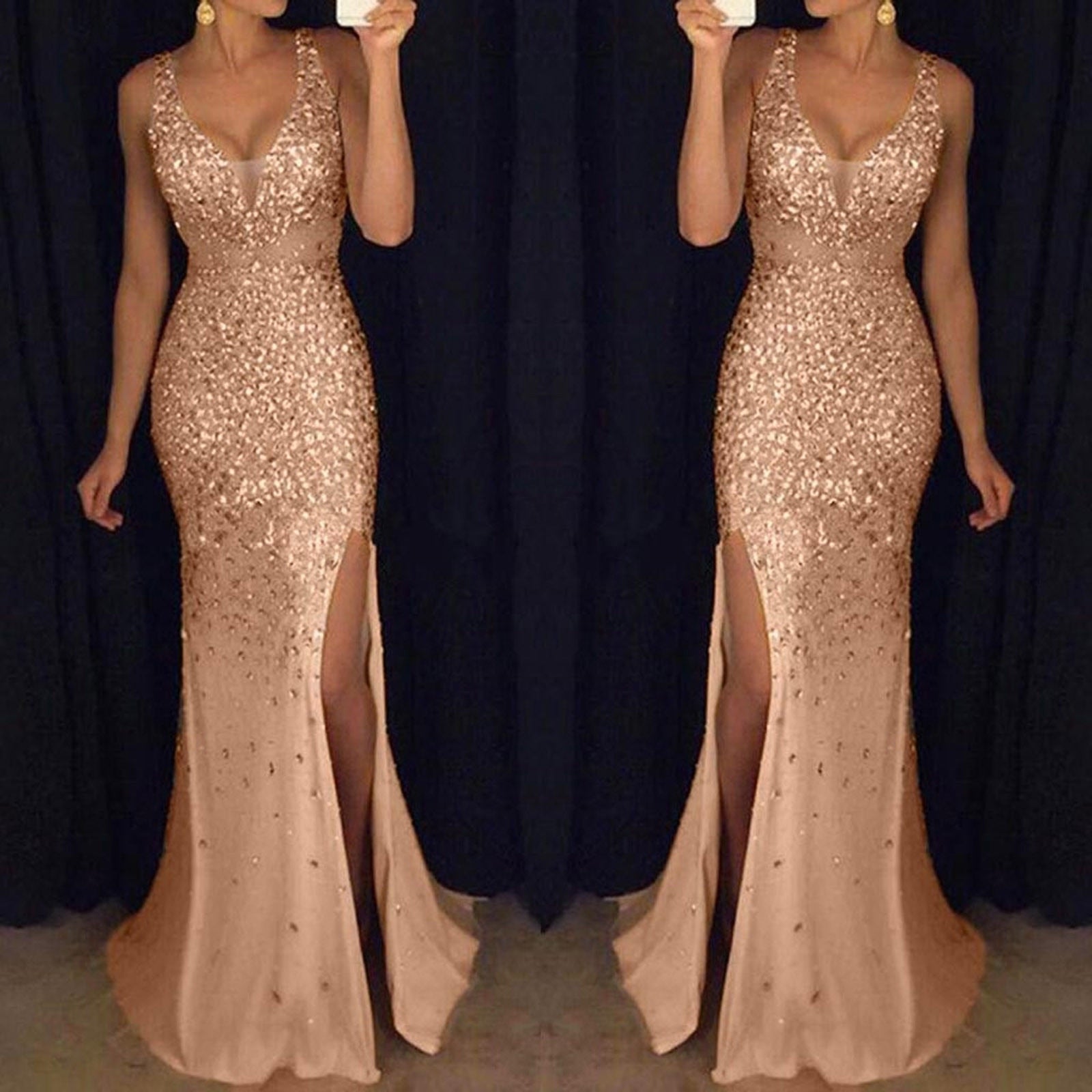 Gold Sequined Sling Mermaid Dress Women Elegent Evening Prom Party Ball Gown Vestidos Sexy V Neck Slits Bridesmaid Dress - Executive-Skincare