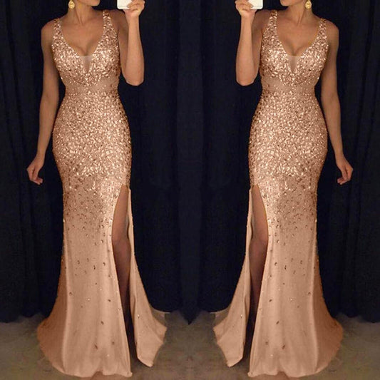 Gold Sequined Sling Mermaid Dress Women Elegent Evening Prom Party Ball Gown Vestidos Sexy V Neck Slits Bridesmaid Dress - Executive-Skincare