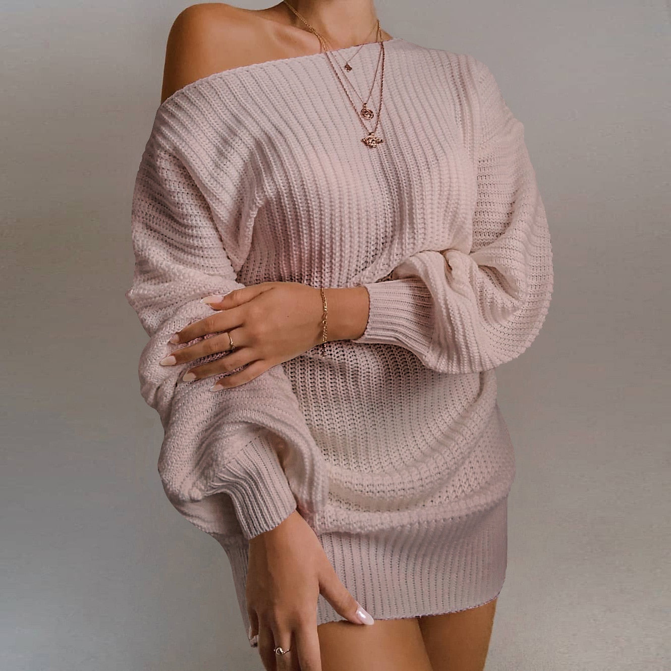 Cryptographic Casual Knitted Mini Dress Women Autumn Winter Sweaters Balloon Long Sleeve Knitwear Women's Dresses Loose Jersey - Executive-Skincare