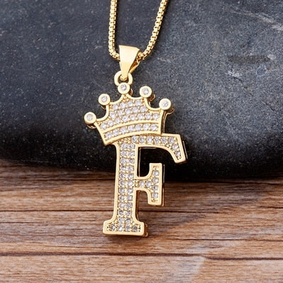 Nidin New Luxury Copper Zircon A-Z Crown Alphabet Pendant Chain Necklace Hip-Hop Style Fashion Woman Man Initial Name Jewelry - Executive-Skincare