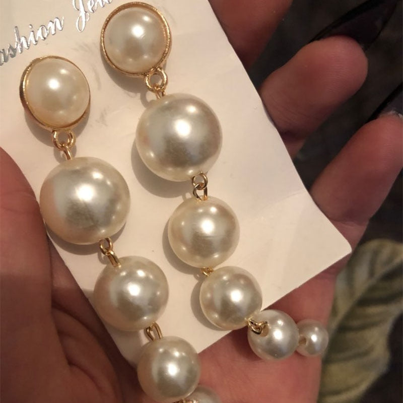 Pearl Long Earrings Female White Round Pearl Wedding  Earrings - Executive-Skincare