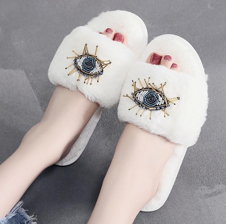 Big Eyes Decoration Fur Slippers Women Flats Winter Home Cotton Slippers Femme Rhinestone Eye Plush Flip Flops Women Shoes s655 - Executive-Skincare