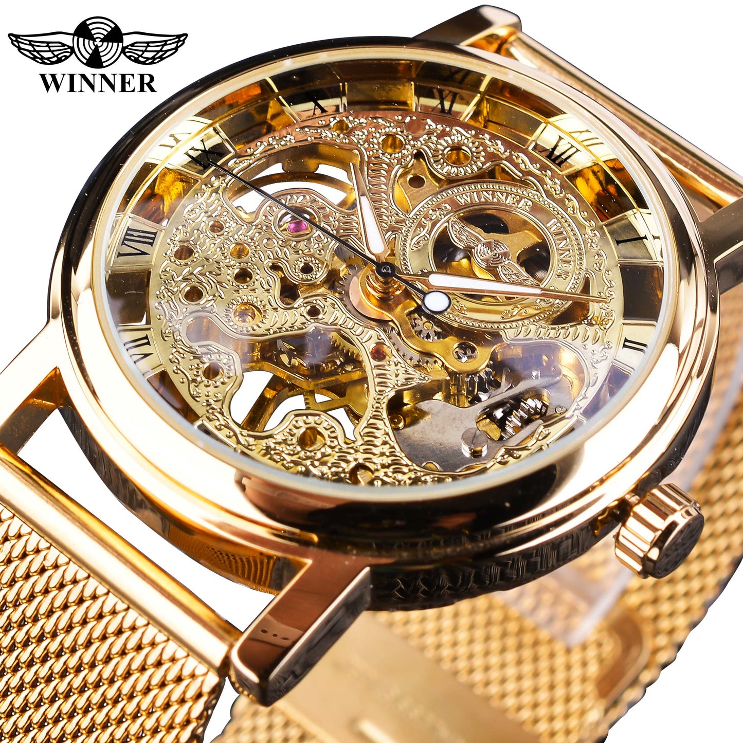 Winner Transparent Golden Case Luxury Casual Design Brown Leather Strap Mens Watches Top Brand Luxury Mechanical Skeleton Watch - Executive-Skincare