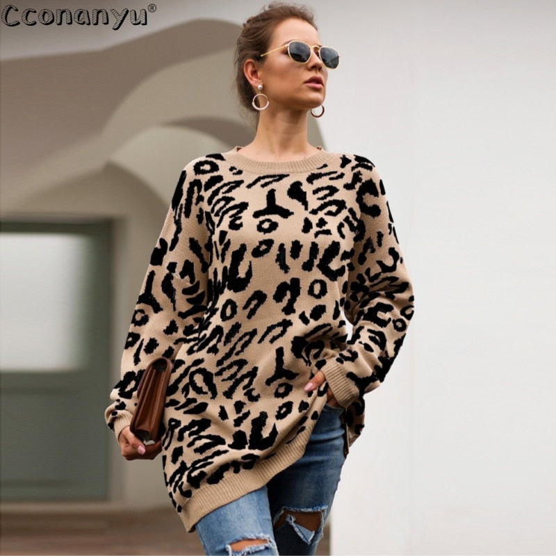 2019 Autumn winter clothing ladies long sweater fashion womens loose pullovers and sweaters leopard print knitted sweater - Executive-Skincare