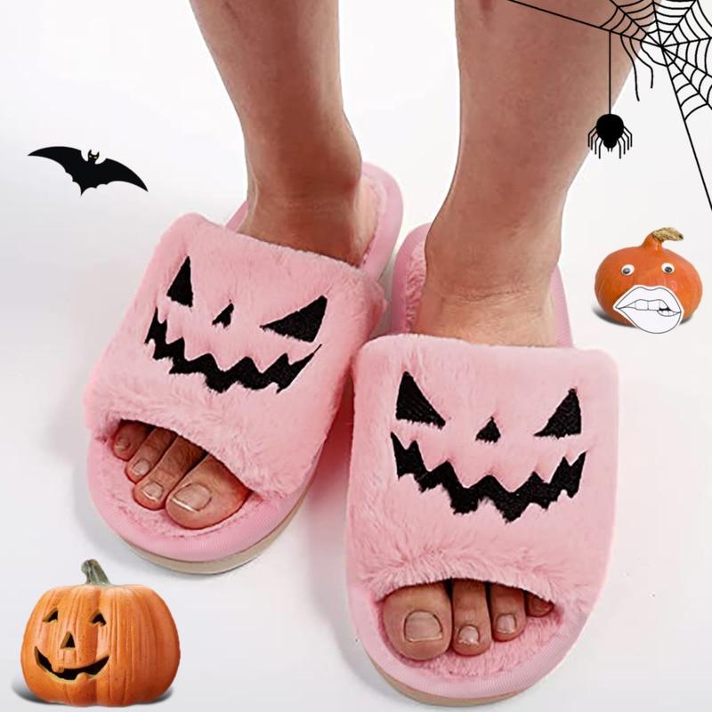 Halloween Pumpkin Fuzzy Slippers Soft Plush Cozy Open Toe Women Slides - Executive-Skincare