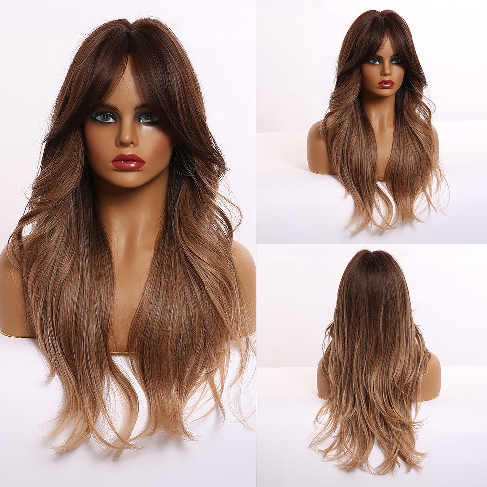 GEMMA Long Wavy Wigs with Bangs Black Brown Ombre Synthetic Heat Resistant Wigs For Women Girls Cosplay Party Daily False Hair - Executive-Skincare