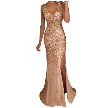 Sexy Sequine Dress for Women Prom Party Split Fork Bodycon Dress Solid Sexy Gold Evening Bridesmaid V Neck Long Dress Robe - Executive-Skincare