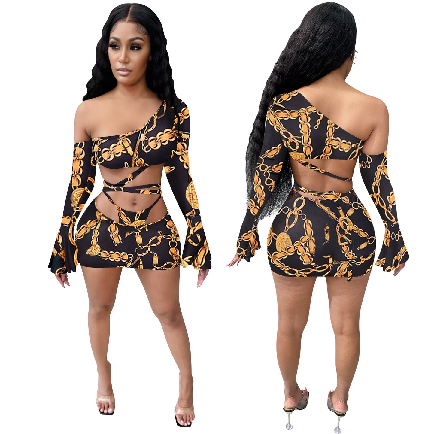 Cutubly Cut Out Women Set Outfit Autumn Winter Leopard Chain Print 2 Pieces Set One Shoulder Top Leggings Pant Fashion Tracksuit - Executive-Skincare