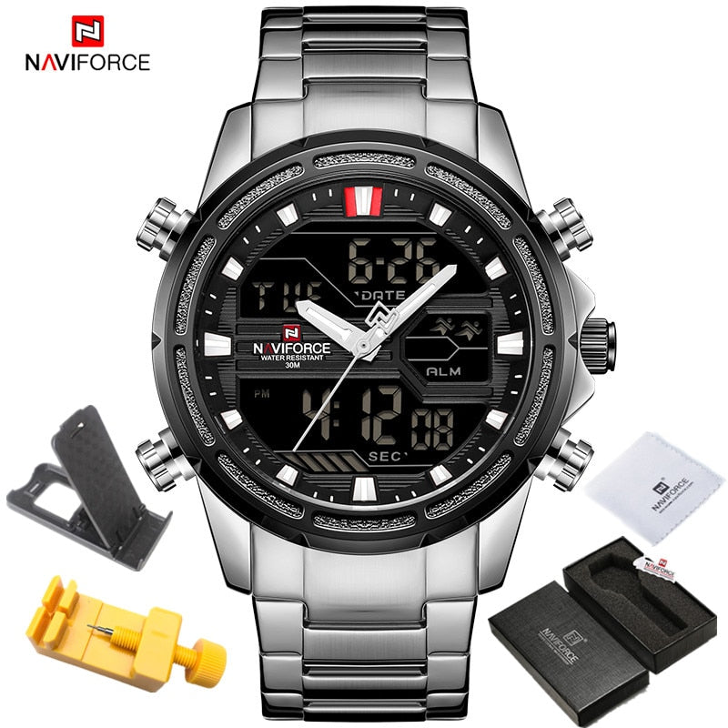 NAVIFORCE Watches for Men Luxury Brand Digital Chronograph Sport Quartz Wristwatch Waterproof Military Steel Band Luminous Clock - Executive-Skincare