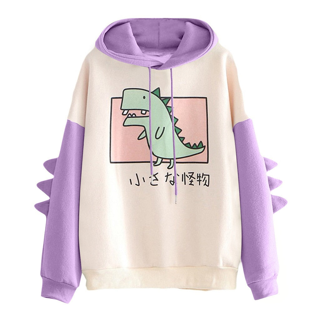 Winter dino hoodie Tops Dinosaur Oversized Cartoon Hoodie Women Fashion Sweatshirt Casual Print Korean Style Thicken Sweatshirt - Executive-Skincare