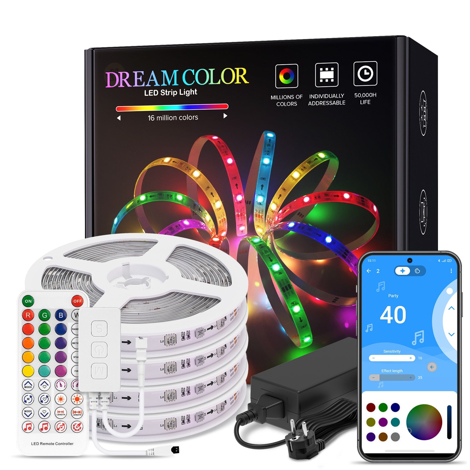 Dreamcolor LED Light Strip Bluetooth Music APP Control WS2811 WS2812B RGBIC Flexible Led Strip Room Bedroom Party Kitchen 5m-20m - Executive-Skincare